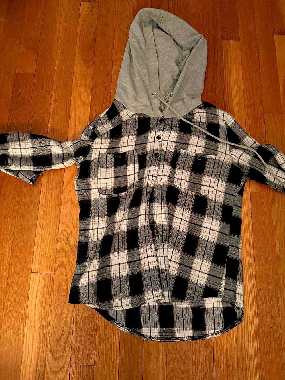 Plaid Hooded Shirt in Black & Gray Like New